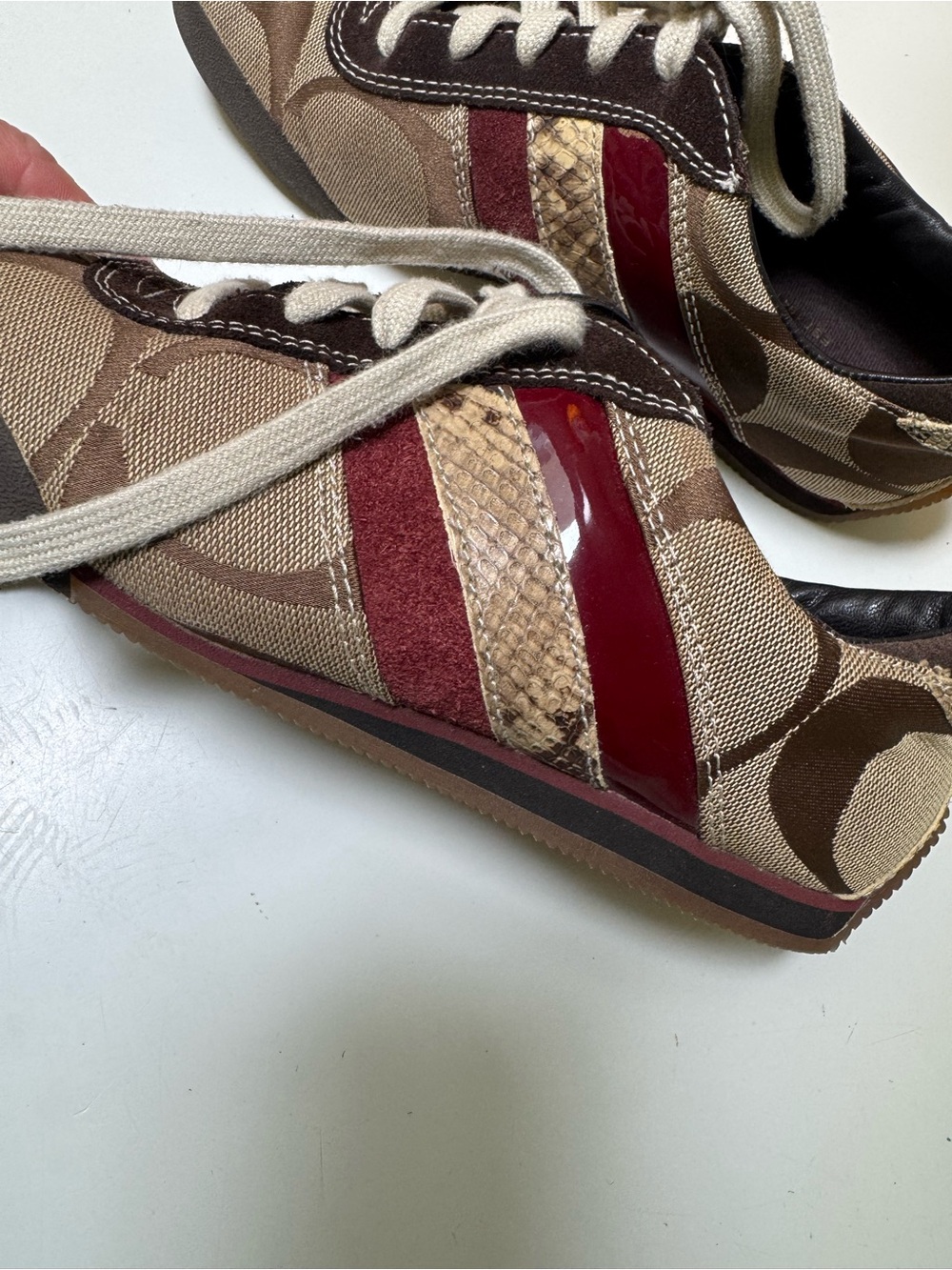 Coach Brown Burgundy patent suede logo, snake skin Signature Canvas sneakers 7.5 - Picture 10 of 11